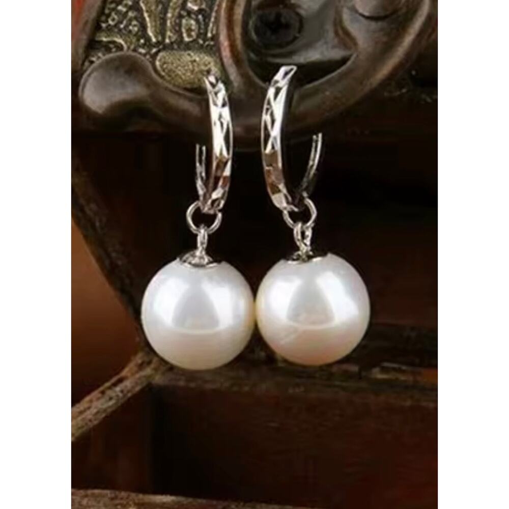 925 Stamped Elegant White Pearl Drop Hoop Earrings